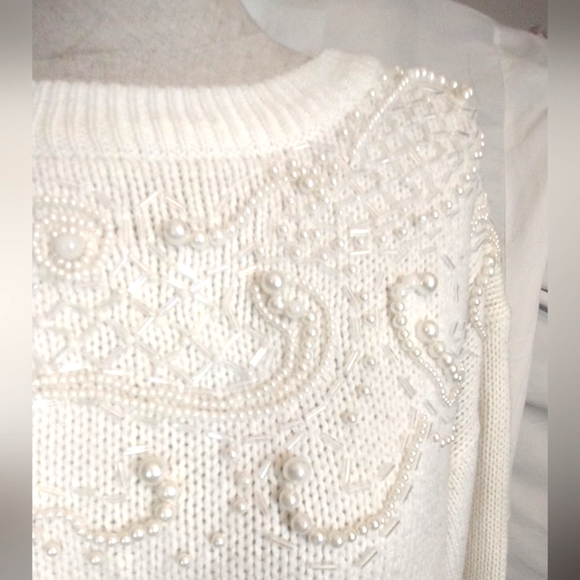 Vintage beaded sweater, Vintage, Crew Neck White,  Knit, Women, Pearls, XL - Picture 3 of 16